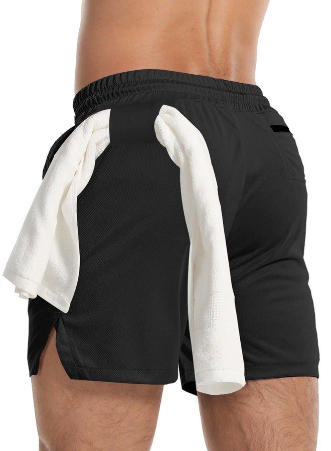 Aolesy Men's Gym Workout Shorts 5 Inch Lightweight Bodybuilding Athletic Shorts Running Training with Zipper Pockets & Towel Loop Black - Image 2